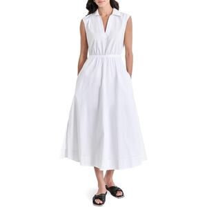 DKNY Women Sz L Sleeveless Poplin V-Neck POCKETS Cotton Midi Long Trendy NEW